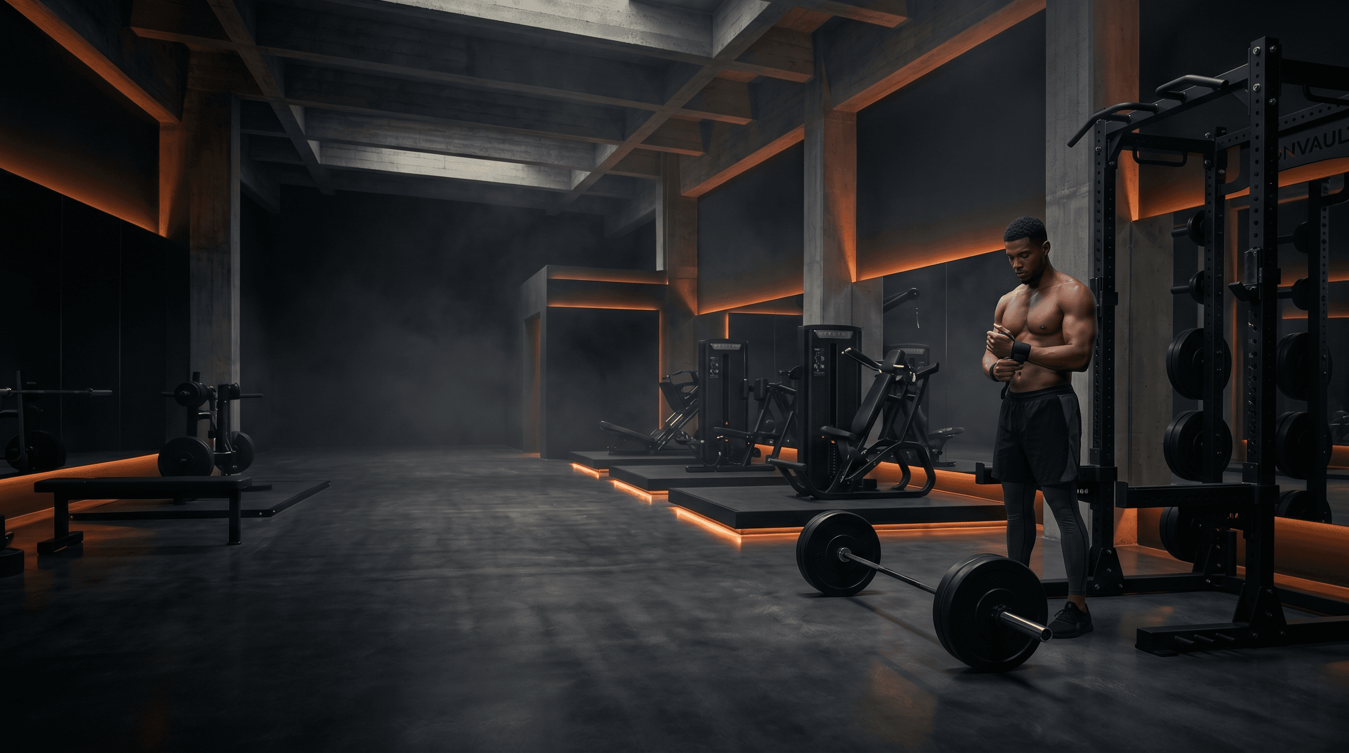 Elite athlete training in a dark cinematic gym